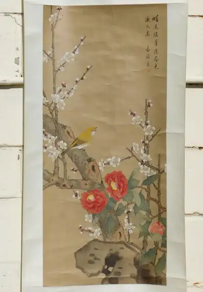 Vintage Chinese Watercolor-on-Silk Painting Scroll, signed 寿铭, View more