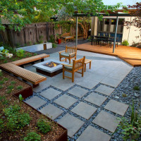 Patio stones, sod, artificial turf and rocks.