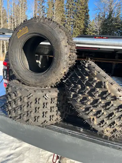 3 brand new , never mounted sport quad tires Hole shot 10” rim Size in pics