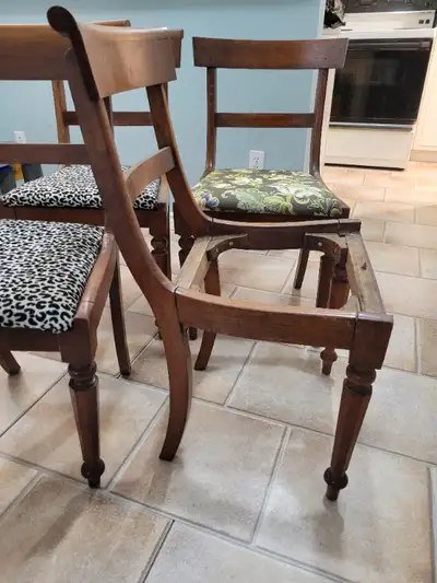 Set of FIVE regency revival, solid mahogany chairs. Missing one curved top rail and one cushion, so...