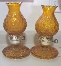 Vintage Amber Quilted Glass Hurricane Lamps - Electric