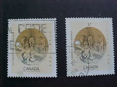 THIS CANADIAN STAMP, A FEATHER IN THE CAP, WAS ISSUED AUGUST 19, 1988 AND IS ON THE 37 CENT LES FORG...