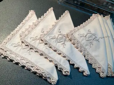 Vintage Venetian Lace Hand Embroidered Dinner Napkins Set of 8, View more