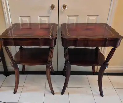 Rare Pair of 1940s Mahogany Gold Tooled Leathe top End Tables, View more