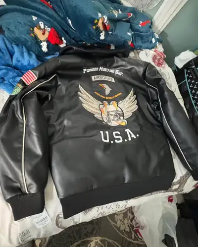 New XL aviator black leather full-zip bomber varsity jacket, View more