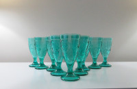 12 Vintage Aqua Blue Pressed Glass Water Goblets wth Fruit Motif