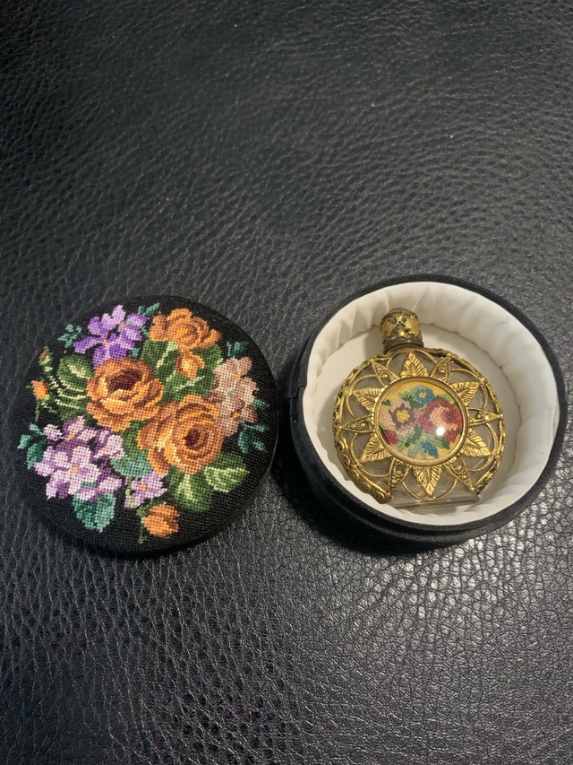 Vintage embroidered trinket container with a vintage Max Factor  in Arts & Collectibles in Calgary