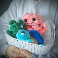 Crochet antistress toys . Plush frog, turtle, jellyfish