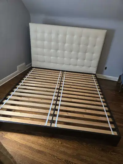 West Elm Leather KING Headboard and Dark Brown Wood Bed Frame, View more