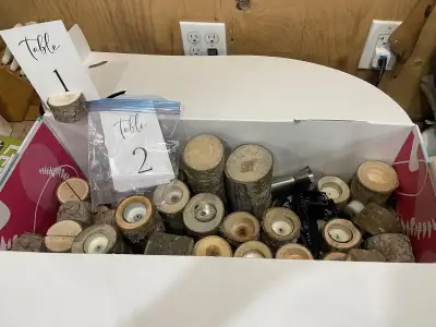 As pictured. 40x wooden tea candle holders (various heights) $2/each 10x corkscrew / wine openers ($...
