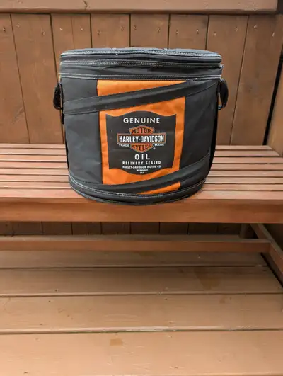 Harley Davidson motor oil can style cooler. Round, collapsible, insulated bag. 13" high, 15" diamete...