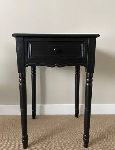Black Wood Side Table with Drawer – Great Condition, View more