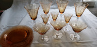 Fostoria "Beverly" amber etched glasses and set of plates