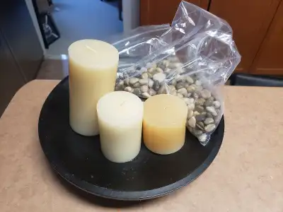 HOME DECORATIONS FOR SALE! $2-$200 OR BEST OFFER - BOWRING 3 CANDLE SET WITH BOWL AND PEBBLES- $20 (...
