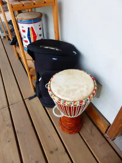 NOVICA Hand Carved Wood Goatskin Djembe Drum with Cotton Strap, View more