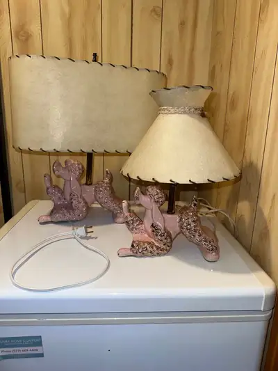 2 vintage Pink Poodle lamps with fiberglass shades, View more