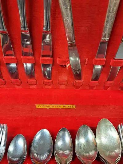 4 sets of rogers silverware for sale. 1 set is from birks in a2 drawer wooden box lined in blue velv...