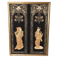 Mid Century Burmese Kalaga Tapestry Dancing Couple Gold Leaf