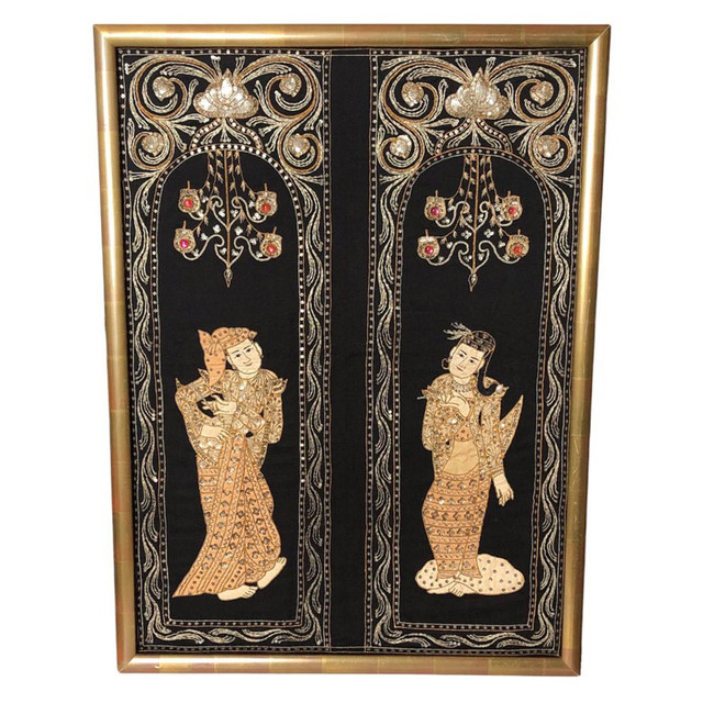 Mid Century Burmese Kalaga Tapestry Dancing Couple Gold Leaf in Arts & Collectibles in La Ronge