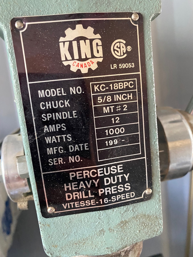 King Heavy Duty stand up drill press, 5/8 inch chuck 16 speed in Power Tools in Moose Jaw - Image 2