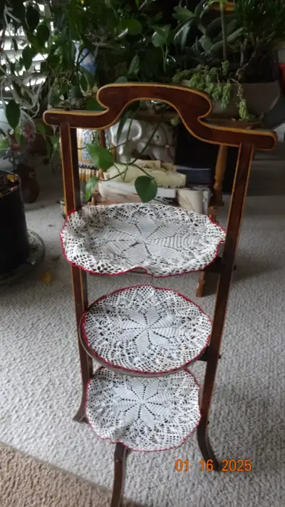 Wooden cake stand, antique, 3 levels, carry it, inset design, View more