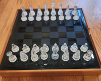 Glass chess and backgammon set with wooden base