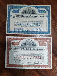2 Shea's Winnipeg Brewery Ltd  1926 Canada stock certificates
