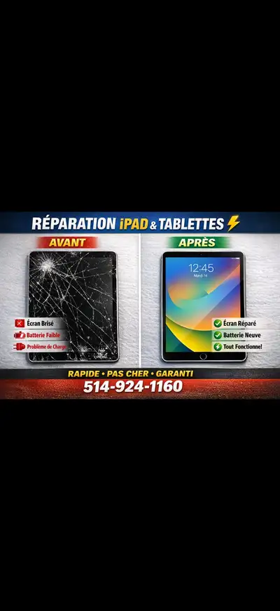 Réparation iPad & Tablettes ⚡ Écran cassé? Batterie? Prix bas!, View more