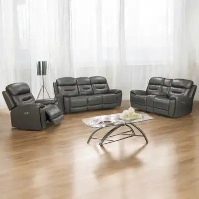 3-Piece Manual Recliner Set In Air Leather Upholstery - Charcoal, View more