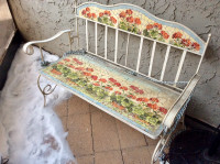 Patio bench, with mosaic tile seat.