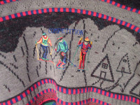 Funky Sweater: 3 Skiers Competing, with A-Frame Cottages