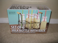 9-Oz Glass Milk Bottle Set of 6 With Metal Rack NEW