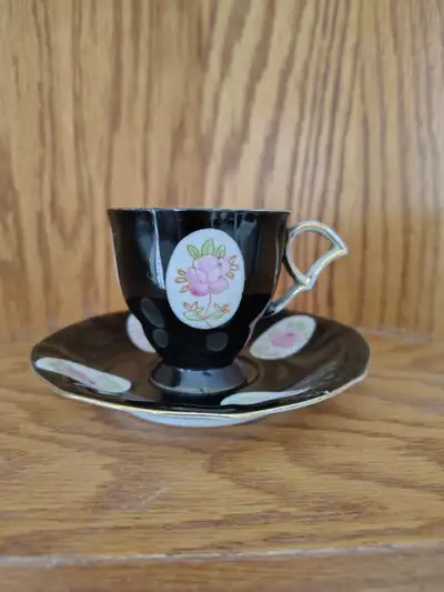 Vintage Shafford Hand Painted Japan Black Tea Cup and Saucer, View more