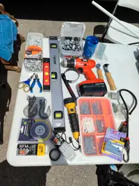 Lot tools, level, CORDLESS DRILL, screws, flashlight, hooks