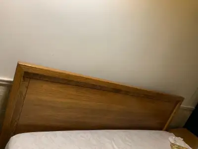 Wood headboard for a queen mattress, 2 side tables, tall dresser, and long dresser with mirror
