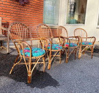 Magnifique ensemble de 4 chaises vintage rattan bamboo two tone