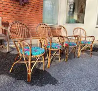 Magnifique ensemble de 4 chaises vintage rattan bamboo two tone