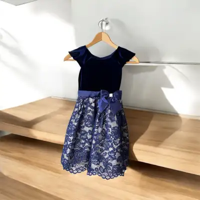 Jona Michelle Girl's Elegant Navy Blue Velvet & Lace Dress Sz 7, View more