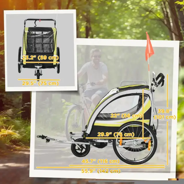 2-in-1 Bike Trailer for Kids 2 Seater, Baby Stroller with Brake, in Strollers, Carriers & Car Seats in Markham / York Region - Image 5