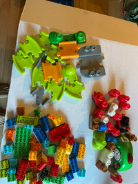 Assorted box of Lego, duplo, mega blocks and tracks
