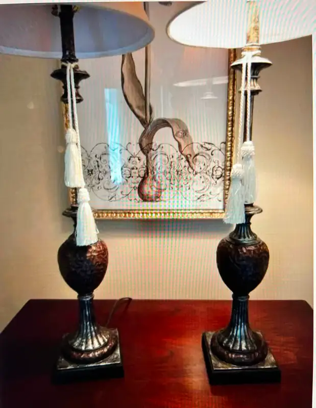 PAIR OF MATCHING ORNATE TABLE LAMPS - 3 FEET TALL + TASSELS63611956924547122