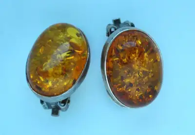 AMBER CLIP ON EARRINGS - Genuine golden Baltic oval cabochon amber full of lovely inclusions - Teste...