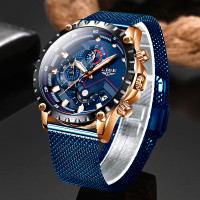 2022 New LIGE Blue Casual Mesh Belt Fashion Quartz Gold Watch Me
