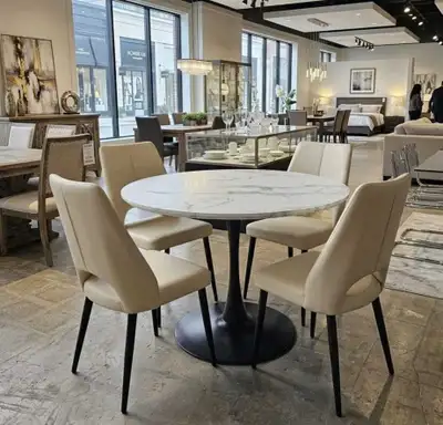 Round White Marble Dining Table Set – 4 Beige Chairs, View more