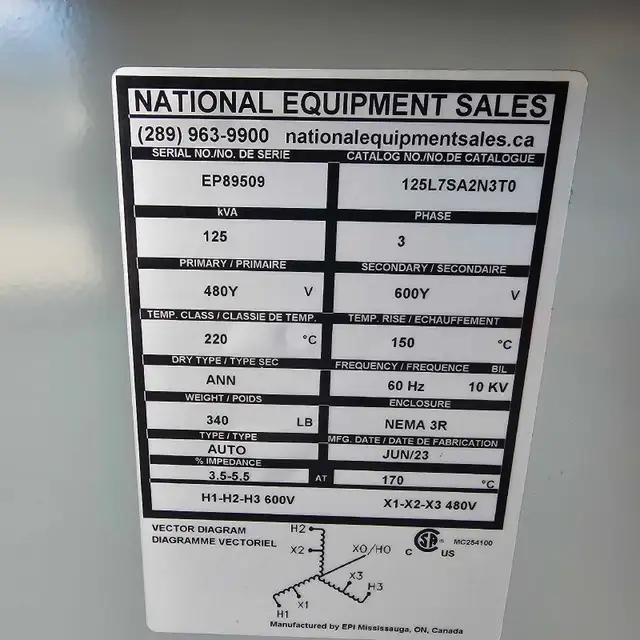   125 KVA 600 V/ 480/ 600 V Auto  TRANSFARMER in Other Business & Industrial in Mississauga / Peel Region - Image 10