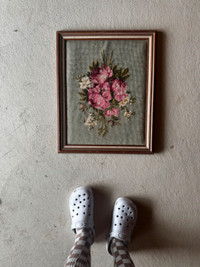 Framed vintage cross-stitch flower art