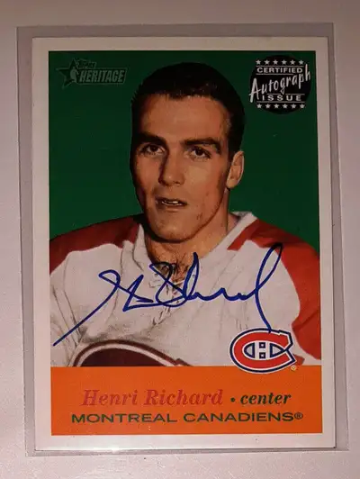 May25-512 $40 Henri Richard signed Topps Heritage card A-HR 2001 Montreal Canadians Captain 11 Stanl...