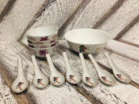 Vintage Chinese large serving bowl, 4 rice bowls and 7 spoons