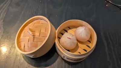 Mini Dim Sum Shrimp Dumplings Candles in a Bamboo Steam, View more