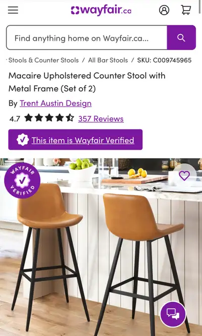 Macaire Upholstered Counter Stool with Metal Frame (Set of 2), View more
